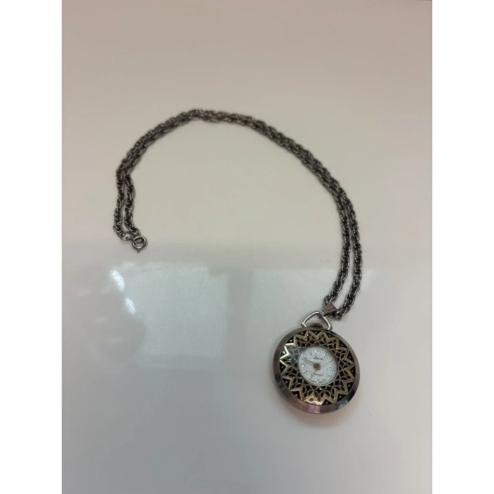 Vintage Alaron Pendant Watch Necklace Silver Tone Filigree Floral Sunburst Dial